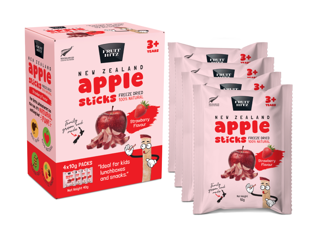 Fruit Hitz Freeze Dried Apple Sticks STRAWBERRY FLAVOUR 3+ years 4x10g