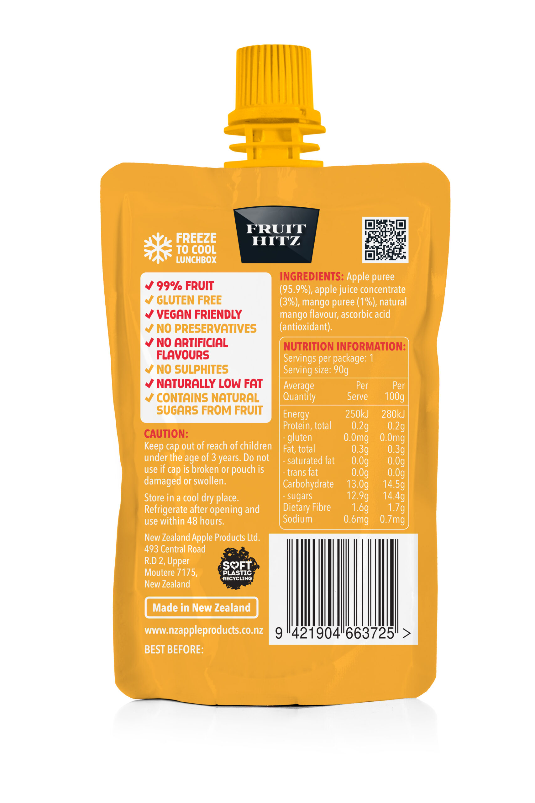 Fruit Hitz Mango apple puree pouch, back view of new packaging