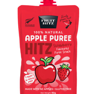 Fruit Hitz Strawberry apple puree pouch, front view of new packaging
