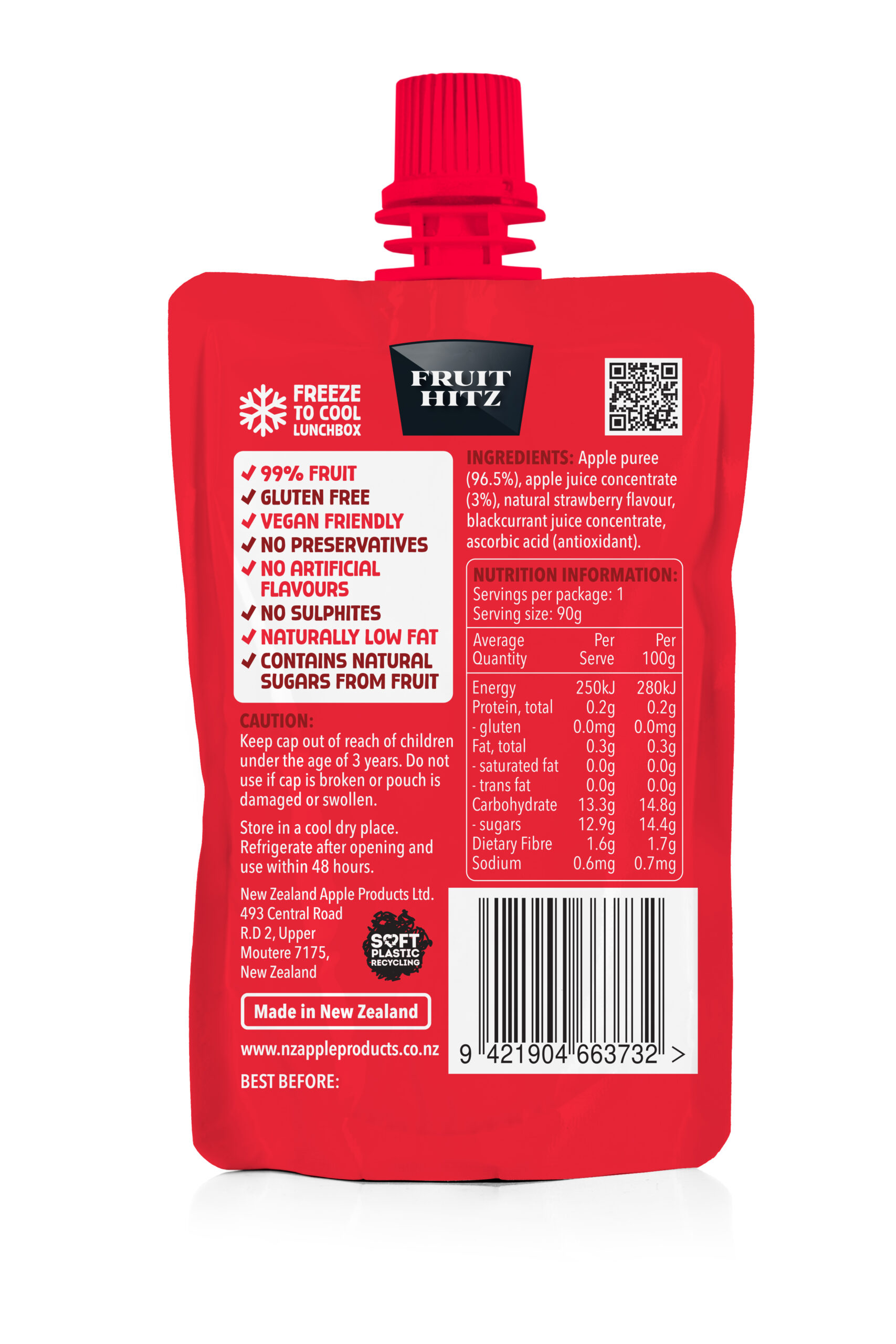 Fruit Hitz Strawberry apple puree pouch, back view of new packaging