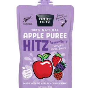 Fruit Hitz Summer Berry apple puree pouch, front view of new packaging
