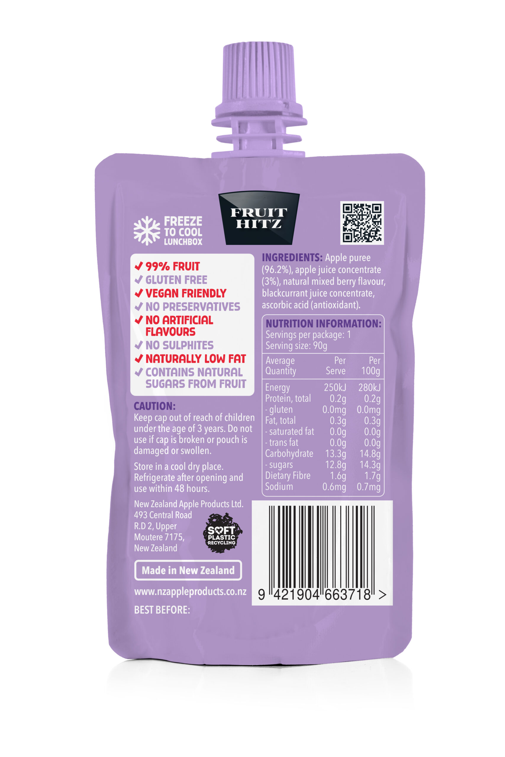 Fruit Hitz Summer Berry apple puree pouch, back view of new packaging