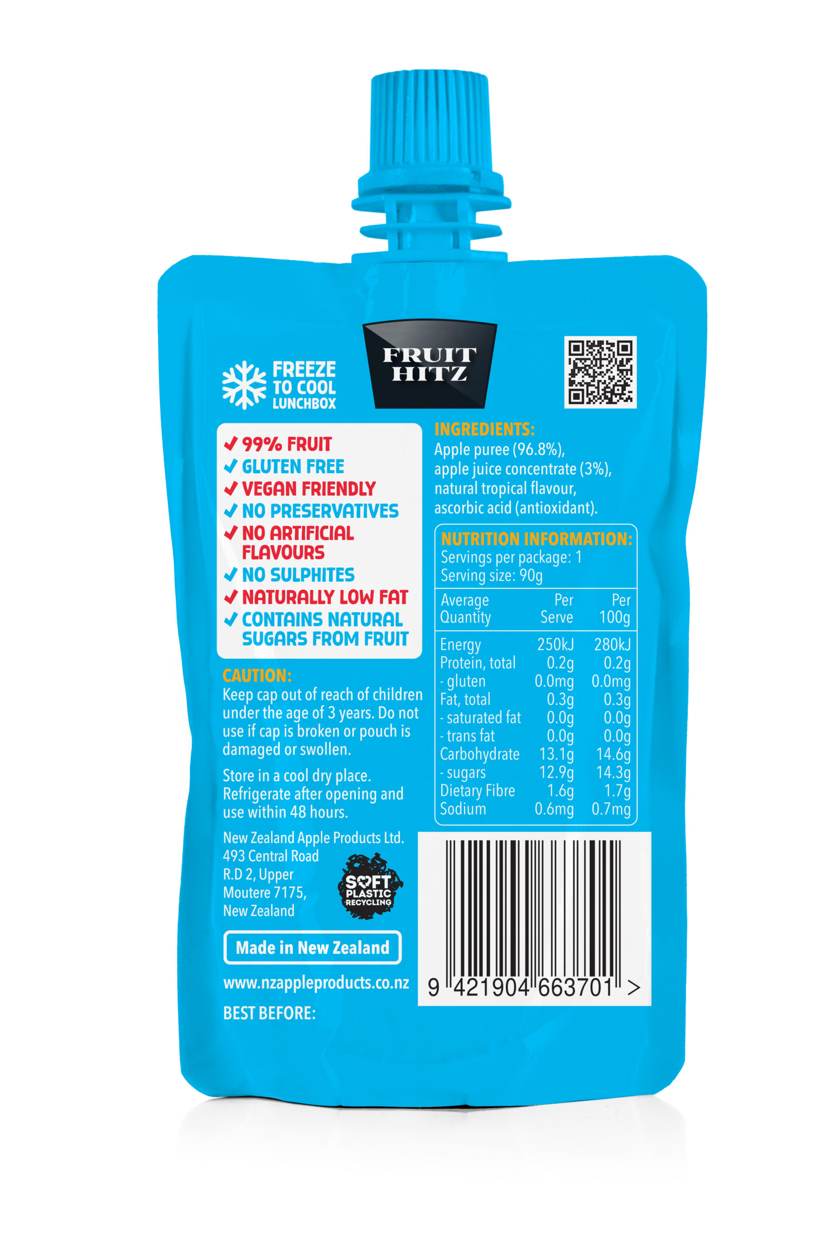 Fruit Hitz Tropical apple puree pouch, back view of new packaging